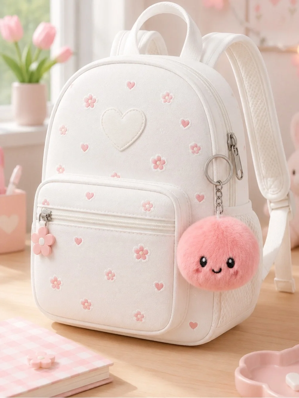 NWT‎ Girls Plush Pink Dumpling Bag Charm Keychain Embroidered Face Gift Viral